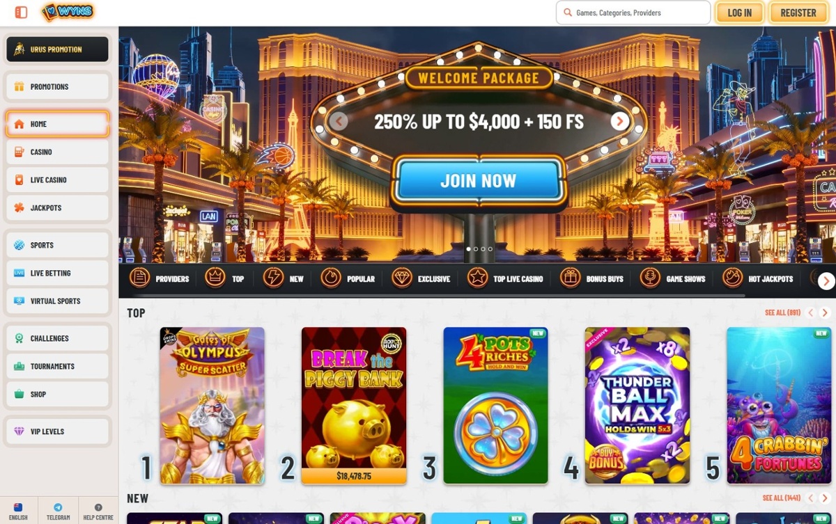 Wyns Casino homepage showing the welcome bonus and top games